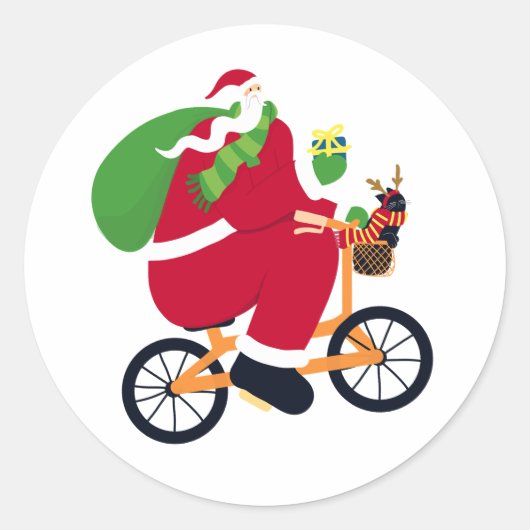 Santa Claus fiets Ronde Sticker (Voorkant)