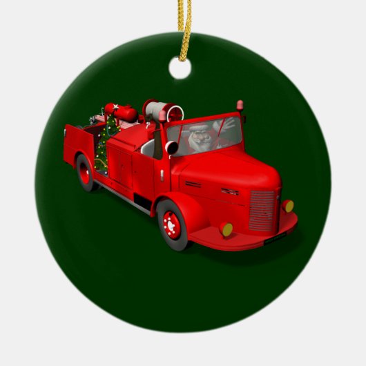 Santa Claus Fireman in Fire Truck Keramisch Ornament (Voorkant)