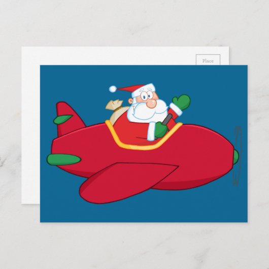 Santa-Claus-Flying-A-Plane-and-Waving Feestdagenkaart (Voorkant / Achterkant)