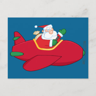 Santa-Claus-Flying-A-Plane-and-Waving Feestdagenkaart