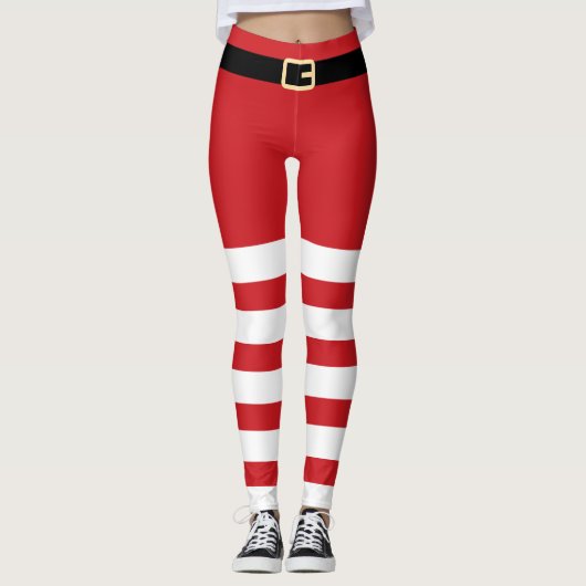 Santa Claus Gestreepte Rood & Wit Kerstmis Leggings (Voorkant)