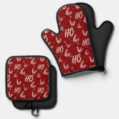 Santa Claus Ho Ho Ho Kerstmis Snowflake Dark Red Ovenwant & Pannenlap Set (Voorkant / Achterkant)