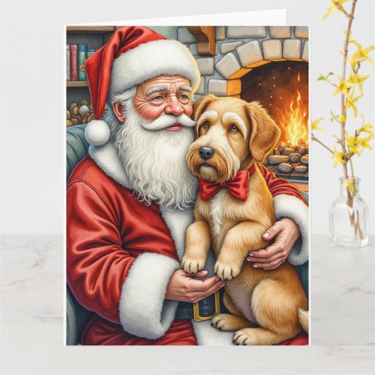 Santa Claus Holding Airedale Christmas Art Kaart (Gele Bloem)