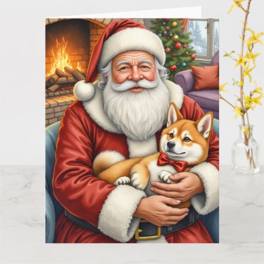 Santa Claus Holding Akita Christmas Art Kaart (Gele Bloem)