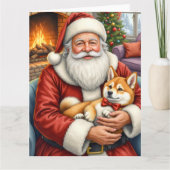 Santa Claus Holding Akita Christmas Art Kaart (Voorkant)