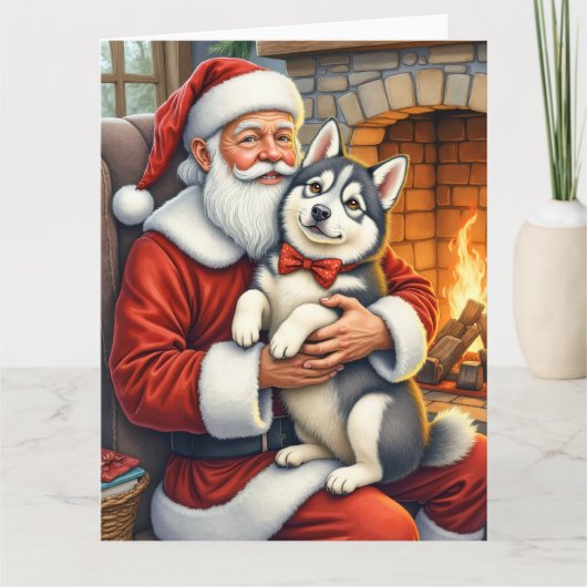Santa Claus Holding Alaskan Malamute Christmas Art Kaart (Voorkant)