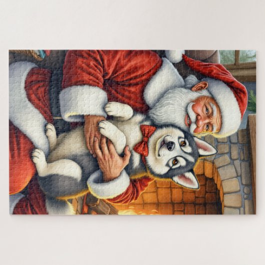 Santa Claus Holding Alaskan Malamute Christmas Art Legpuzzel (Horizontaal)