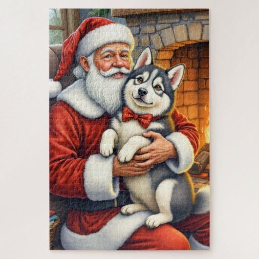 Santa Claus Holding Alaskan Malamute Christmas Art Legpuzzel (Verticaal)