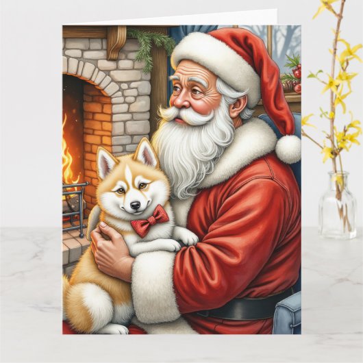 Santa Claus Holding American Eskimo Christmas Art Kaart (Gele Bloem)