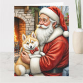 Santa Claus Holding American Eskimo Christmas Art Kaart (Voorkant)