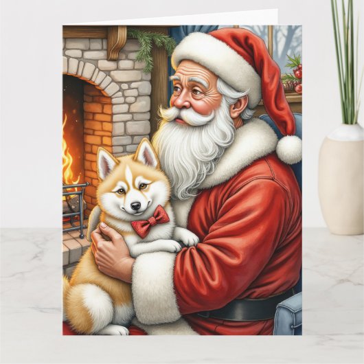 Santa Claus Holding American Eskimo Christmas Art Kaart (Voorkant)