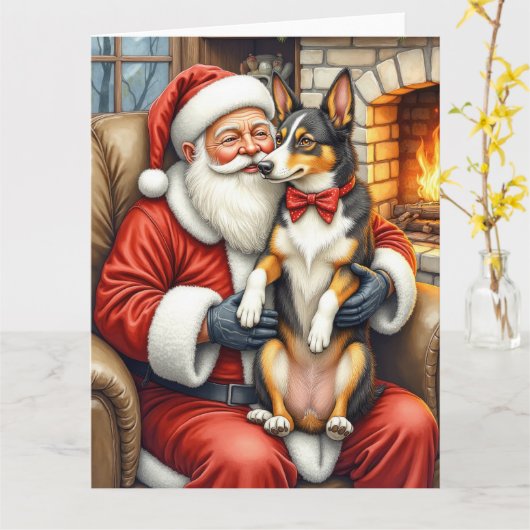 Santa Claus Holding Australian Kelpie Christmas  Kaart (Gele Bloem)