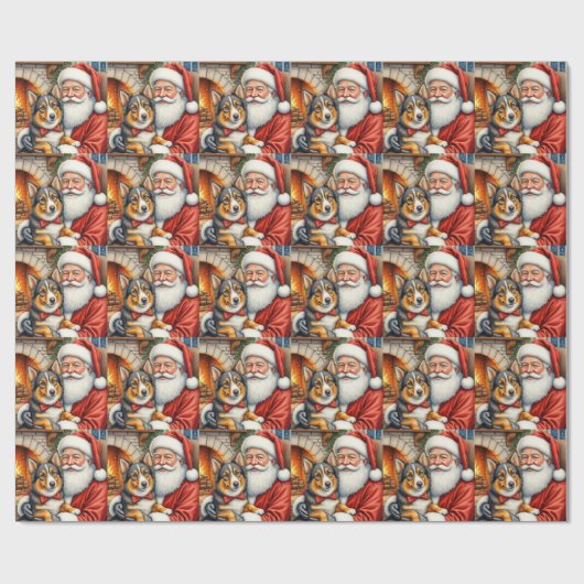 Santa Claus Holding Australian Shepherd Christmas  Cadeaupapier (Vlak)