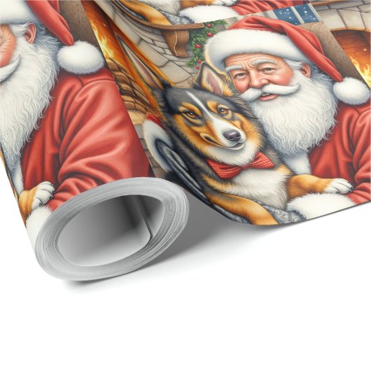 Santa Claus Holding Australian Shepherd Christmas  Cadeaupapier (Rol Hoek)