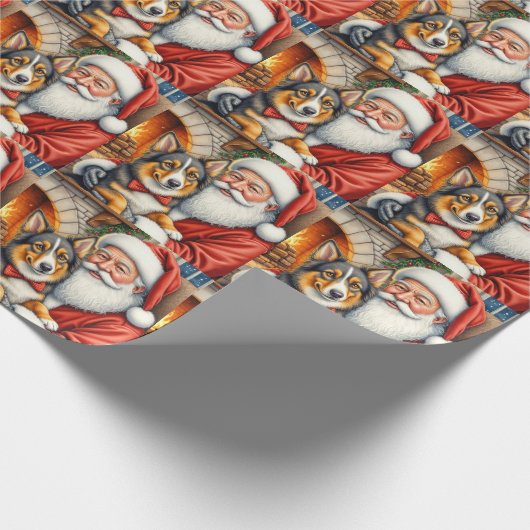 Santa Claus Holding Australian Shepherd Christmas  Cadeaupapier (Hoek)