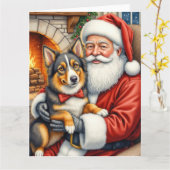 Santa Claus Holding Australian Shepherd Christmas  Kaart (Gele Bloem)