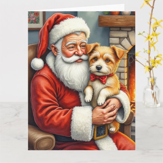Santa Claus Holding Australian Terrier Christmas  Kaart (Gele Bloem)