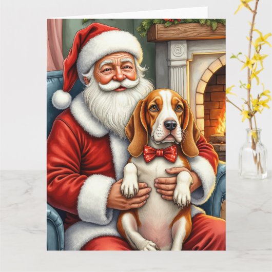 Santa Claus Holding Basset Hound Christmas Art Kaart (Gele Bloem)