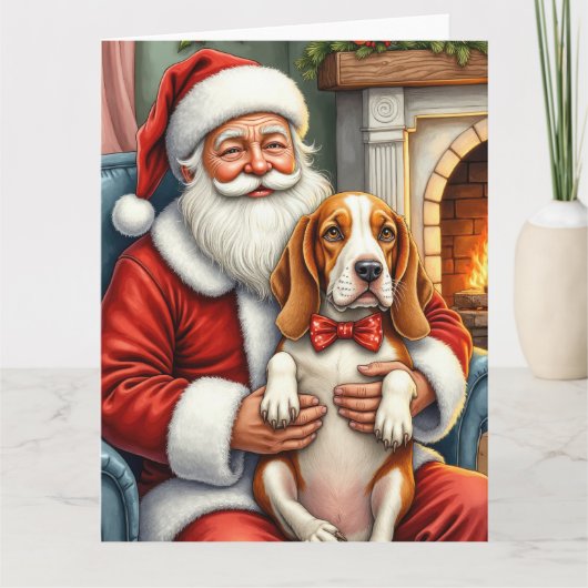 Santa Claus Holding Basset Hound Christmas Art Kaart (Voorkant)