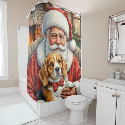 Santa Claus Holding Beagle Christmas Art Douchegordijn (In situ)