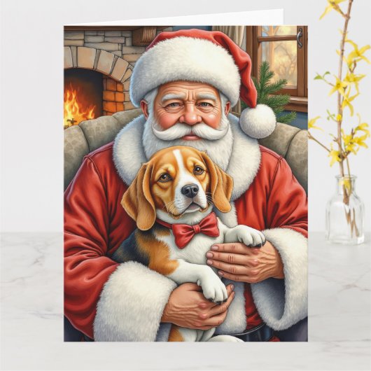 Santa Claus Holding Beagle Christmas Art Kaart (Gele Bloem)