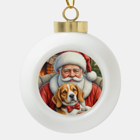 Santa Claus Holding Beagle Christmas Art Keramische Bal Ornament (Voorkant)
