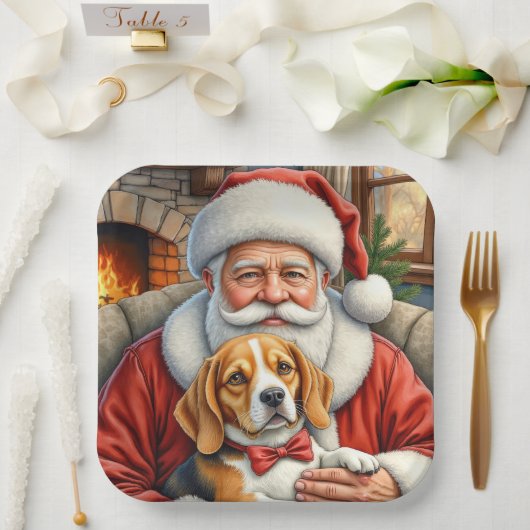 Santa Claus Holding Beagle Christmas Art Papieren Bordje (Huwelijk)
