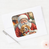 Santa Claus Holding Beagle Christmas Art Vierkante Sticker (Envelop)