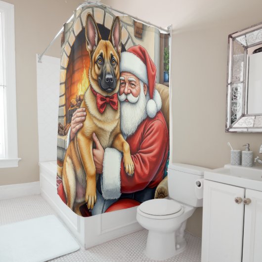 Santa Claus Holding Belgian Malinois Christmas Art Douchegordijn (In situ)