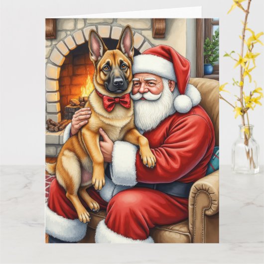 Santa Claus Holding Belgian Malinois Christmas Art Kaart (Gele Bloem)