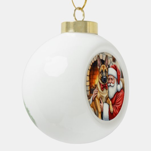 Santa Claus Holding Belgian Malinois Christmas Art Keramische Bal Ornament (Links)