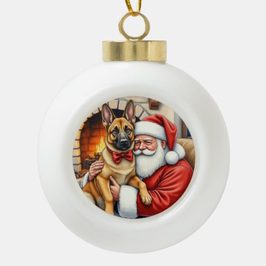 Santa Claus Holding Belgian Malinois Christmas Art Keramische Bal Ornament (Voorkant)