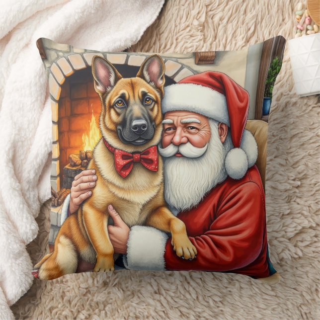 Santa Claus Holding Belgian Malinois Christmas Art Kussen (Deken)