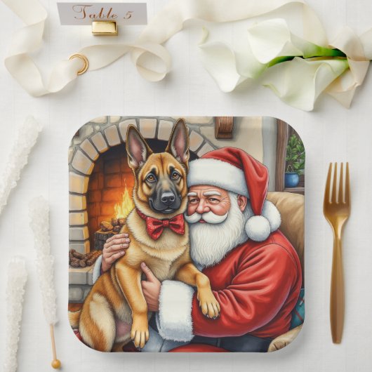 Santa Claus Holding Belgian Malinois Christmas Art Papieren Bordje (Huwelijk)