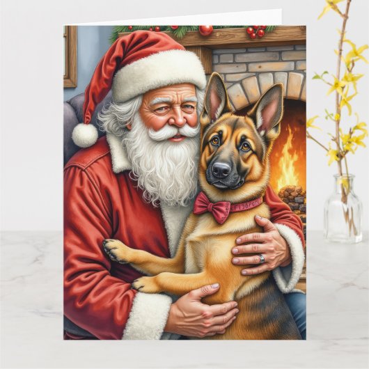 Santa Claus Holding Belgian Shepherd Christmas Art Kaart (Gele Bloem)
