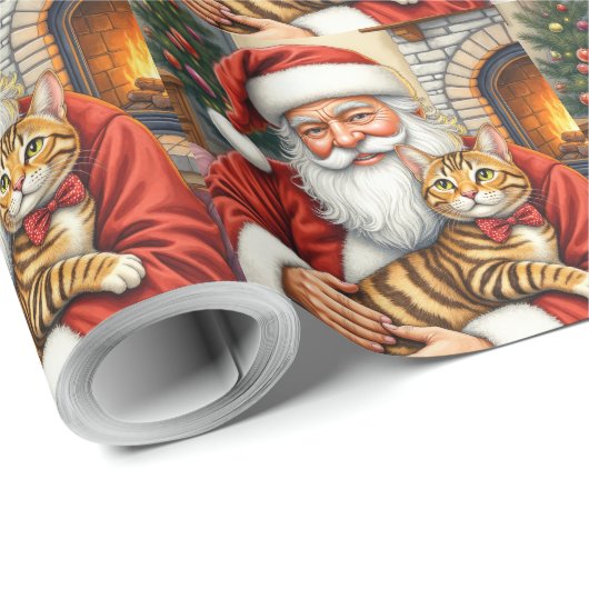 Santa Claus Holding Bengal Cat Christmas Art Cadeaupapier (Rol Hoek)
