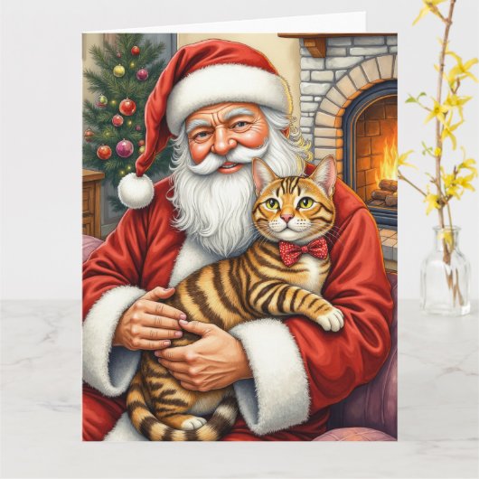 Santa Claus Holding Bengal Cat Christmas Art Kaart (Gele Bloem)