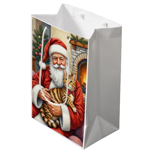 Santa Claus Holding Bengal Cat Christmas Art Medium Cadeauzakje (Voorkant Gekanteld)