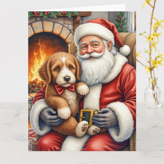 Santa Claus Holding Bernedoodle Christmas Art Kaart (Gele Bloem)