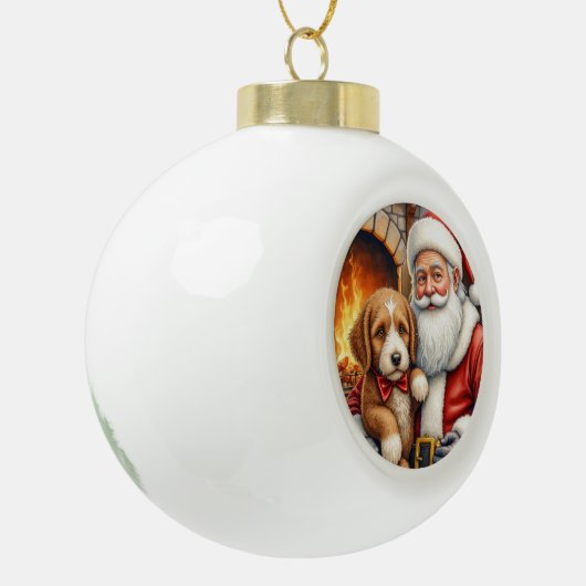 Santa Claus Holding Bernedoodle Christmas Art Keramische Bal Ornament (Links)