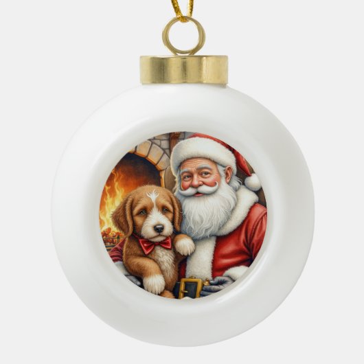 Santa Claus Holding Bernedoodle Christmas Art Keramische Bal Ornament (Voorkant)