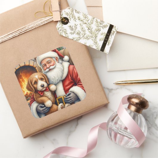 Santa Claus Holding Bernedoodle Christmas Art Vierkante Sticker (Geschenken)