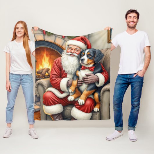 Santa Claus Holding Bernese Mountain Dog Christmas Fleece Deken (In situ)