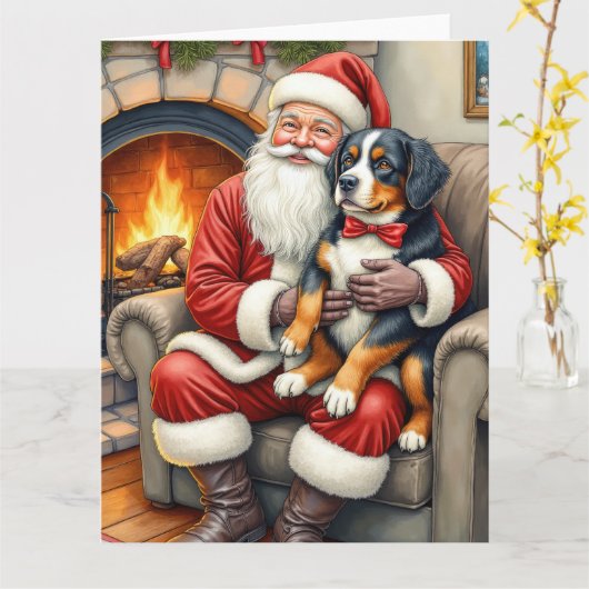 Santa Claus Holding Bernese Mountain Dog Christmas Kaart (Gele Bloem)