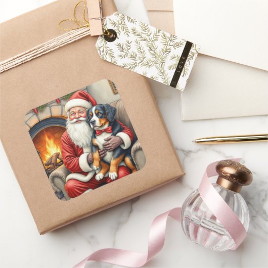 Santa Claus Holding Bernese Mountain Dog Christmas Vierkante Sticker (Geschenken)