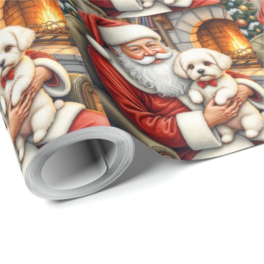Santa Claus Holding Bichon Frise Christmas Art Cadeaupapier (Rol Hoek)