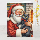 Santa Claus Holding Black Cat Christmas Art Kaart (Gele Bloem)