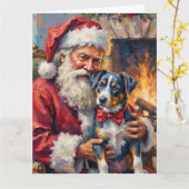 Santa Claus Holding Blue Heeler Christmas Art Kaart (Gele Bloem)