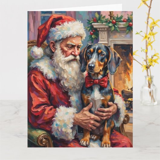 Santa Claus Holding Bluetick Coonhound Christmas  Kaart (Gele Bloem)