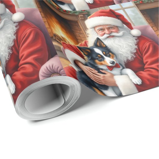 Santa Claus Holding Border Collie Christmas Art Cadeaupapier (Rol Hoek)